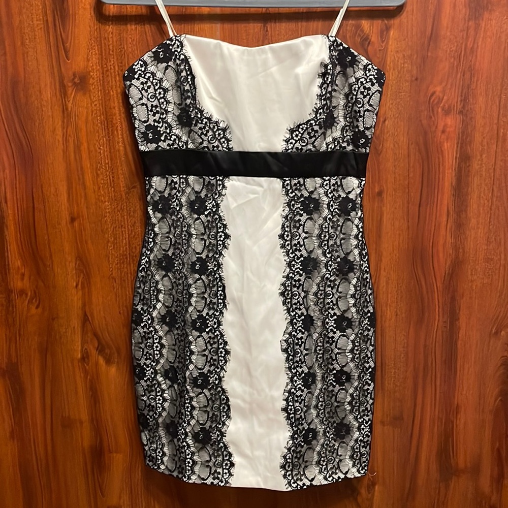 Max & Cleo strapless cream and black dress